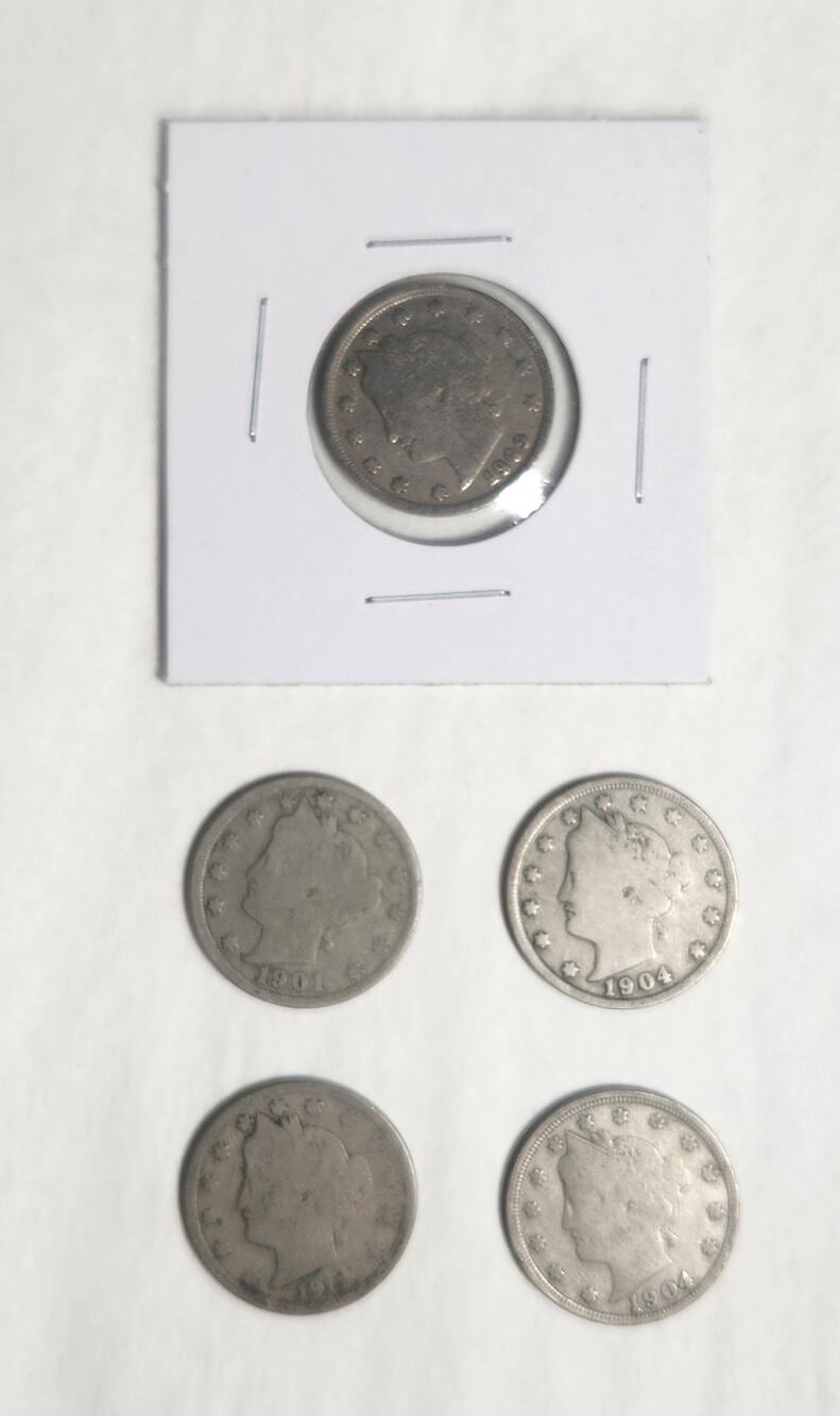 United States Liberty Head V Five Cent Coin Lot Of 5 1901, 1904 X 2, 1909, 1911